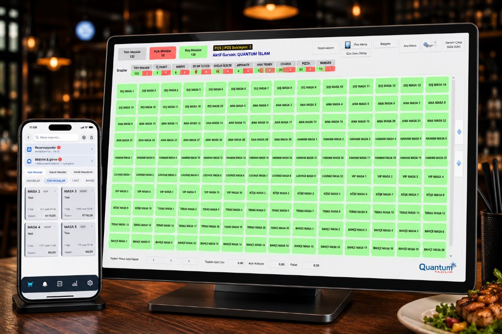 Quantum restoran POS — masa planı ve mobil garson ekranı